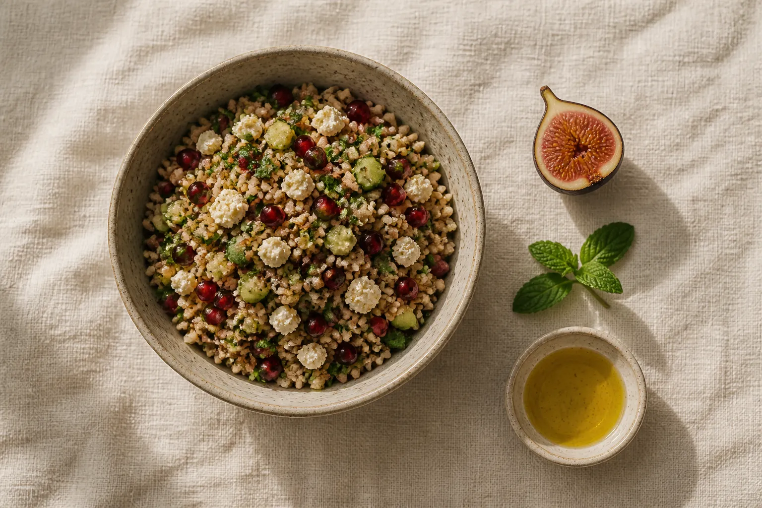 Nar taneli bulgur salatası, incir ve zeytinyağı